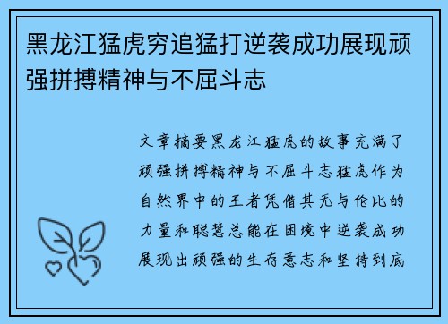 黑龙江猛虎穷追猛打逆袭成功展现顽强拼搏精神与不屈斗志
