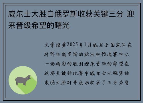 威尔士大胜白俄罗斯收获关键三分 迎来晋级希望的曙光