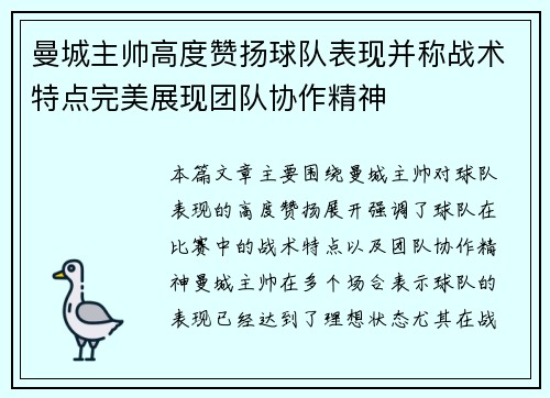 曼城主帅高度赞扬球队表现并称战术特点完美展现团队协作精神