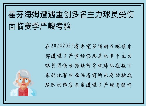 霍芬海姆遭遇重创多名主力球员受伤面临赛季严峻考验
