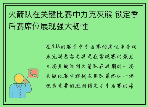 火箭队在关键比赛中力克灰熊 锁定季后赛席位展现强大韧性