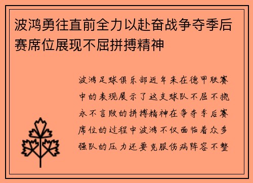 波鸿勇往直前全力以赴奋战争夺季后赛席位展现不屈拼搏精神
