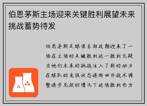 伯恩茅斯主场迎来关键胜利展望未来挑战蓄势待发