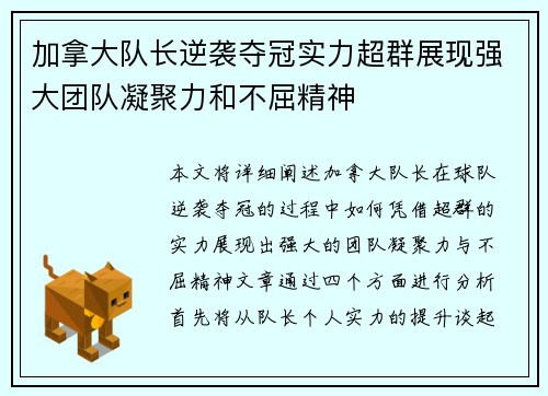加拿大队长逆袭夺冠实力超群展现强大团队凝聚力和不屈精神