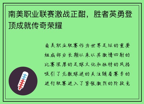 南美职业联赛激战正酣，胜者英勇登顶成就传奇荣耀