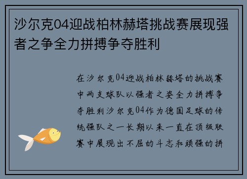 沙尔克04迎战柏林赫塔挑战赛展现强者之争全力拼搏争夺胜利