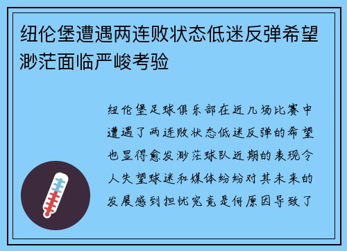 纽伦堡遭遇两连败状态低迷反弹希望渺茫面临严峻考验