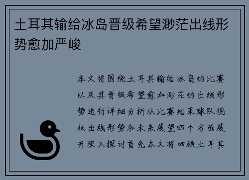 土耳其输给冰岛晋级希望渺茫出线形势愈加严峻