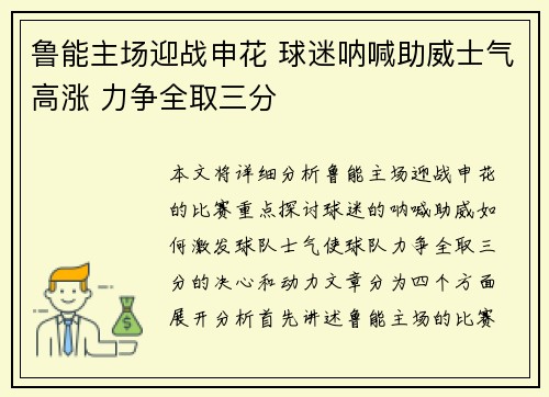 鲁能主场迎战申花 球迷呐喊助威士气高涨 力争全取三分